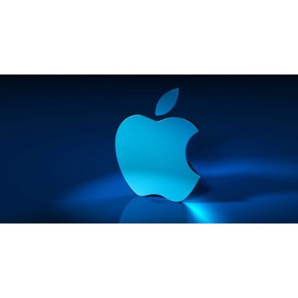 A blue apple logo on top of a black background.