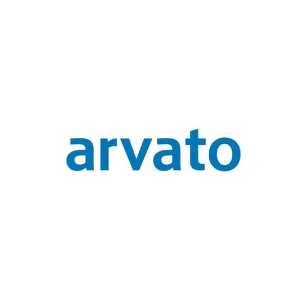 A blue and white logo of arvato