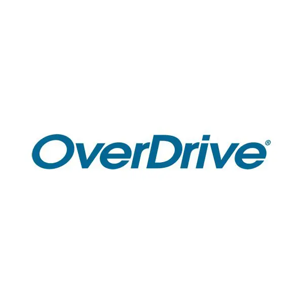 A blue and white logo of overdrive